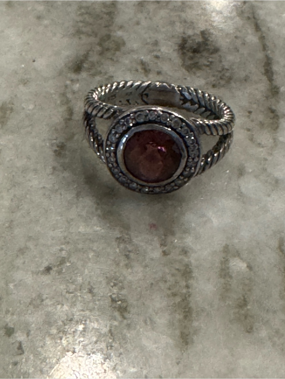 David Yurman Silver Ring with Rose-Pink Center Gem and Diamond Halo